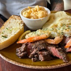 Urban Plates - Surf n turf (steak, 5-shrimp skewer) mash, mac n cheese