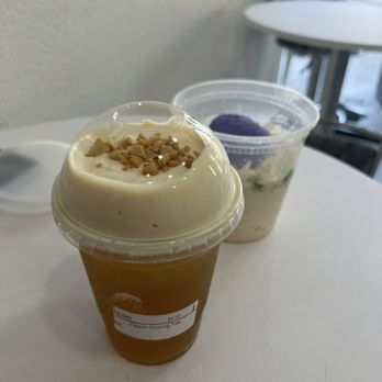 Aroma - peach oolong (front) and ube halo halo (back) - Desserts Near Me - San Jose, California
