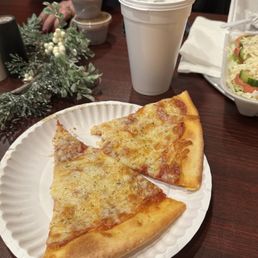 two slices of pizza on a paper plate
