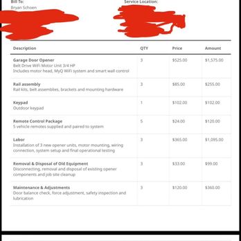 AAA Overhead Door - 100% margin over RETAIL on the equipment, and the labor rate of $365/hr PLUS $120/hr on a separate line item is despicable. - Garage Door Services Near Me