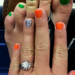 Regular polish on toe nails and shellac on finger nails.