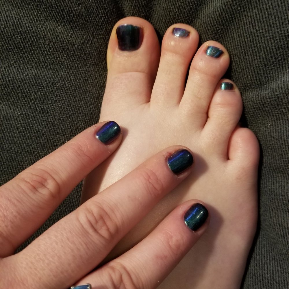 Nails by Cassandra. Metallic mermaid #2 "Dare to Wear" polish. Gel on fingers and matching regular polish on toes.