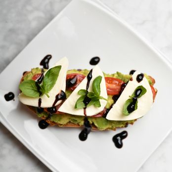 TB Coffee House - Avocado Caprese Sandwich Ingredients: Bread, Olive Oil, Avocado, Tomato face up, Mozzarella, Basile, Glaze, Black Pepper - Coffee & Tea Near Me - Brooklyn, New York