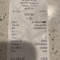 The Crawfish Place - Receipt