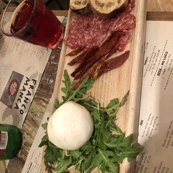 Franco Manca - smoked buffalo mozzarella & wild boar salami with 250 ml Rosso of Nero d'Avola - Pizza Near Me - London, XGL