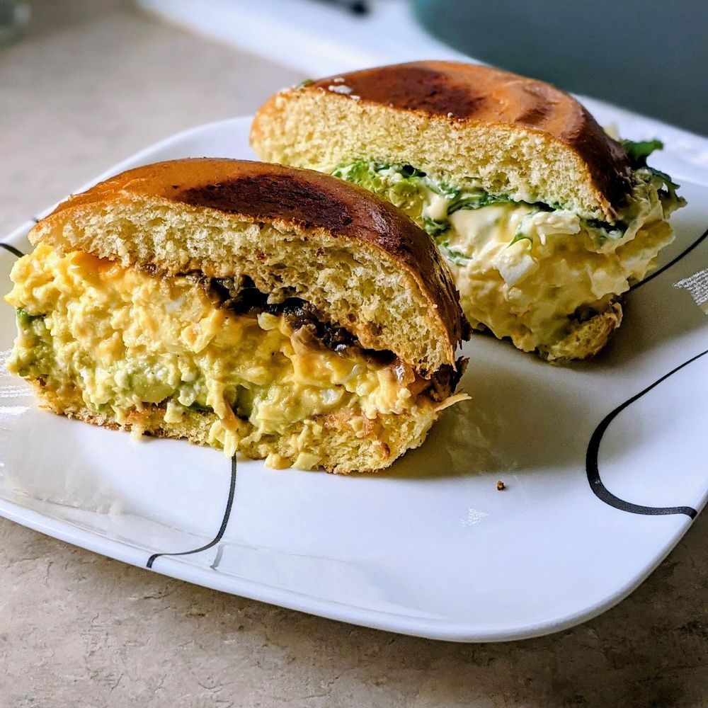 Caramelized onions (front) and wasabi mayo with arugula (back)