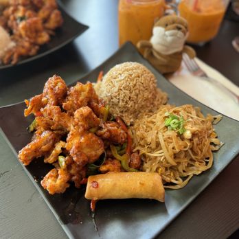 Krungthep Thai and Pho - Lunch special: crispy garlic chicken, with veggie egg roll, pad thai (no meat), and brown rice - Thai Near Me - Normandy Park, Washington Krungthep Thai and Pho - Lunch special: crispy garlic chicken, with veggie egg roll, pad thai (no meat), and brown rice - Thai Near Me - Normandy Park, Washington