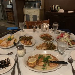 From left to right: Broiled Filet of Sole, Chicken Francese, and Tri - Color Salad Over Chicken Milanese