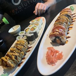 Right: Ninja roll Left top: Salmon avocado roll Left middle: Tuna avocado roll Left bottom: Crispy spicy crab roll Right: Ninja roll Left top: Salmon avocado roll Left middle: Tuna avocado roll Left bottom: Crispy spicy crab roll