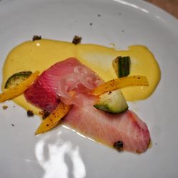 Violet - Hamachi crudo funnel tornado cucumber fried capers