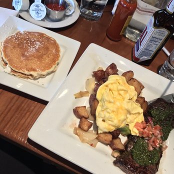 Stax Cafe - Steak with pico & chimmichurri, pancakes, potatoes and eggs - Breakfast & Brunch Near Me - Chicago, Illinois
