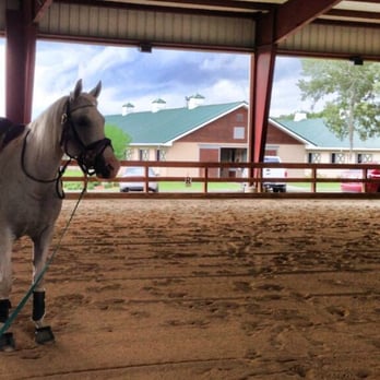 Wind Song Equestrain Farm - 100'x40' covered arena with a full wall of mirrors. Barn in background. - Horse Boarding Near Me - Apopka, Florida