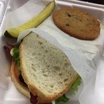 Shea Schat's - pastrami sandwich, chocolate chip cookie, and pickle - Bakeries Near Me - Mammoth Lakes, California