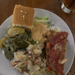 The Wednesday Blue Plate Special.  Meatloaf, sautéed zucchini & squash and cabbage. Cornbread.