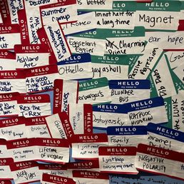 Bathroom wall of name tags Bathroom wall of name tags