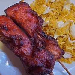 Dragon 168 Chinese Restaurant - Chicken on a stick aka teriyaki chicken aka Char Siu Chicken - thigh meat :-( ... with chicken fried rice.