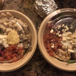 Chicken shawarma to the left, falafel to the right. Chicken shawarma to the left, falafel to the right.