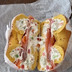 West Haven Pizza and Deli - Toasted egg everything, scooped, veggie cream cheese, lox, and tomatoes
