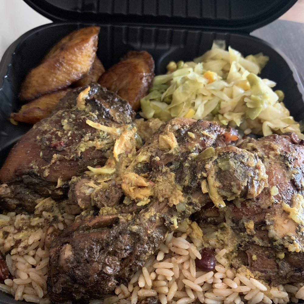 Wi Jammin Catering - Jerk chicken with plantains rice and peas and mixed veggies. - Caribbean Near Me Wi Jammin Catering - Jerk chicken with plantains rice and peas and mixed veggies. - Caribbean Near Me