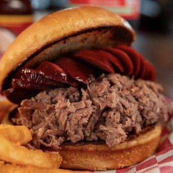 Ray's BBQ - Rays the Roof BBQ sandwich: Chopped BBQ Beef with Sliced Hot Links - Barbeque Near Me - Norman, Oklahoma Ray's BBQ - Rays the Roof BBQ sandwich: Chopped BBQ Beef with Sliced Hot Links - Barbeque Near Me - Norman, Oklahoma
