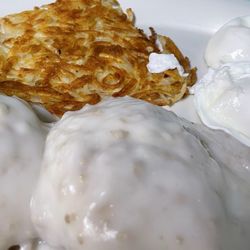 The brother’s Eatery - Biscuits and Gravy with poached eggs