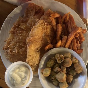 The Black Cow - Fish and sweet potatoes fries and okra - American Near Me - Columbus, Georgia The Black Cow - Fish and sweet potatoes fries and okra - American Near Me - Columbus, Georgia