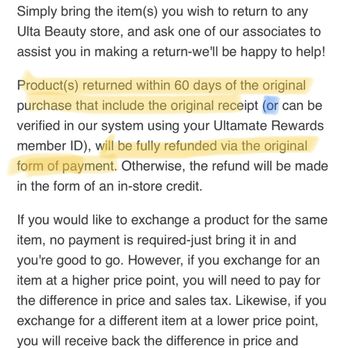 Ulta Beauty - Return policy highlighted. Phone number is very much optional. - Cosmetics & Beauty Supply Near Me - Cedar Park, Texas Ulta Beauty - Return policy highlighted. Phone number is very much optional. - Cosmetics & Beauty Supply Near Me - Cedar Park, Texas