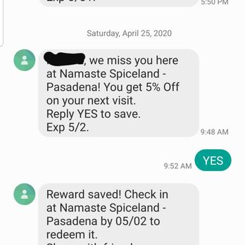 Namaste Spiceland - Text Reward that was never honored - Indian Near Me - Pasadena, California