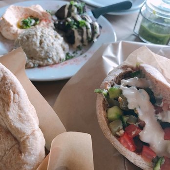 Oren's Hummus - Beef skewer and falafel pita sandwich. Good portion for 2 girls to share - Mediterranean Near Me - Cupertino, California