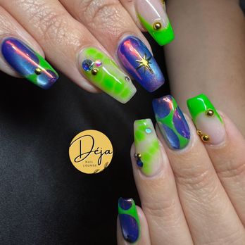 Deja Nail Lounge - Blue and green chrome squoval nails - Waxing Near Me - Joliet, Illinois