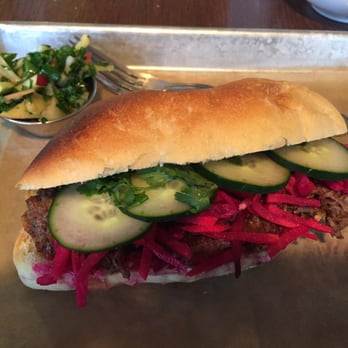 The Pickled Peach - Pulled beef with cucumbers and pickled veg ... warmed roll ... an overall delight - New American Near Me - Davidson, North Carolina The Pickled Peach - Pulled beef with cucumbers and pickled veg ... warmed roll ... an overall delight - New American Near Me - Davidson, North Carolina