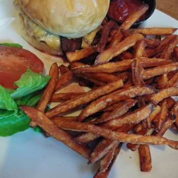 Red Fox Bar & Grille - All American Burger with cheddar & local North Country bacon added. Upgraded to sweet potato fries. - American Near Me - Jackson, New Hampshire Red Fox Bar & Grille - All American Burger with cheddar & local North Country bacon added. Upgraded to sweet potato fries. - American Near Me - Jackson, New Hampshire