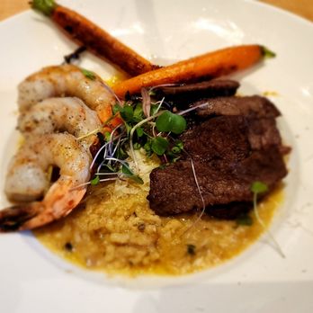 Skybox Taphouse - Surf n Turf: skewered tiger shrimp, top sirloin, triple truffle mushroom risotto, and blanched carrots - Pizza Near Me - Honolulu, Hawaii Skybox Taphouse - Surf n Turf: skewered tiger shrimp, top sirloin, triple truffle mushroom risotto, and blanched carrots - Pizza Near Me - Honolulu, Hawaii