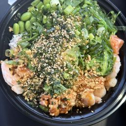 3 Protein Bowl (Salmon, double shrimp) soo yummy! This is definitely two meals for me, for $17! The best.