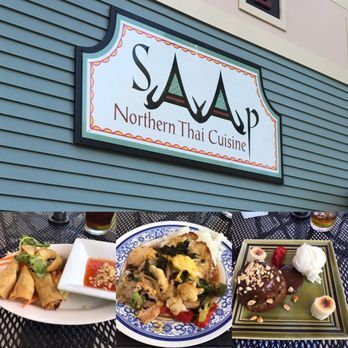 Saap - Outdoor seating- vegetarian spring rolls, chicken stir fry with egg and rice, and banana cake with caramel sauce and coconut icecream. - Thai Near Me - Randolph, Vermont