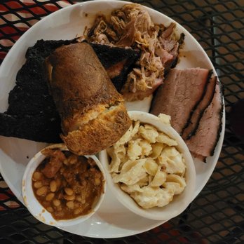 Salt + Smoke - 3 meat combo- ribs, brisket, pulled pork, beans, mac-n-cheese, pop-over muffin - Barbeque Near Me - Saint Charles, Missouri