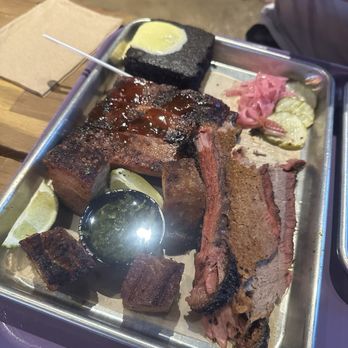 Hog & Tradition - 3 meat plate brisket, ribs, pork belly, corn bread - Barbeque Near Me - Henderson, Nevada Hog & Tradition - 3 meat plate brisket, ribs, pork belly, corn bread - Barbeque Near Me - Henderson, Nevada