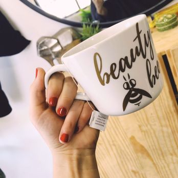 Beauty Bee - The salon offers fresh hot tea, wine, and beer! How cute are these custom mugs? - Makeup Artists Near Me - Denver, Colorado