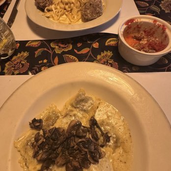 Bella Italia - Fettucine Alfredo with meatballs, and Bella's Mushroom Ravioli - Italian Near Me - Port Angeles, Washington