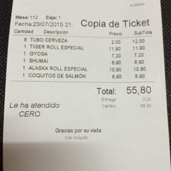 Sushi Bar - La cuenta. Ejemplo de cena para 4.