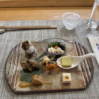 Shin Sushi - conch, lotus root, shirako, ankimo with nasu miso, ginger, crab, tofu with wasabi, and crab tofu // ig: @nigirigirlsforever - Japanese Near Me - Los Angeles, California Shin Sushi - conch, lotus root, shirako, ankimo with nasu miso, ginger, crab, tofu with wasabi, and crab tofu // ig: @nigirigirlsforever - Japanese Near Me - Los Angeles, California
