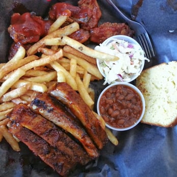 Big Bone BBQ & Wicked Wings - Mini combo - 3 bones of ribs (they gave me 4), fries, coleslaw, cornbread, and 1/2 lb. wings - Barbeque Near Me - Markham, Ontario
