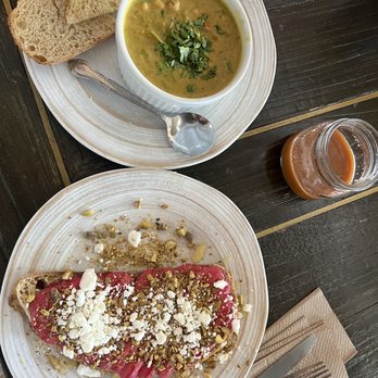 The Corner Beet - The House Toast with feta, the coconut chickpea soup. And the orange juice (forgot the name) - Juice Bars & Smoothies Near Me - Denver, Colorado The Corner Beet - The House Toast with feta, the coconut chickpea soup. And the orange juice (forgot the name) - Juice Bars & Smoothies Near Me - Denver, Colorado