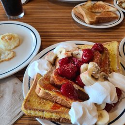 Strawberry Banana French Toast with Eggs and Sausage