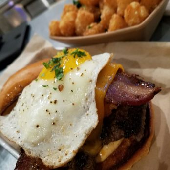 Burger Bench - Sunrise burger.  Bacon, eggs and tots on a burger?  Why not?!? - American Near Me - Escondido, California