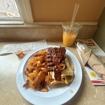 The Sloppy Waffle - The Sloppy Waffle with an Orange Juice (No Pulp All Natural) and Side Home Fries well done - Belgian Near Me - Newington, Connecticut The Sloppy Waffle - The Sloppy Waffle with an Orange Juice (No Pulp All Natural) and Side Home Fries well done - Belgian Near Me - Newington, Connecticut