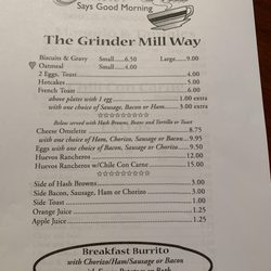 Grinder Mill - Updated menu for pricing as of October 2022. This menu can be ordered at night