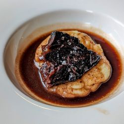 Scannabue - June 10, 2023; Tender veal cheek slow cooked in Barbera wine, served over potato pure' (€32.50 traditional tasting menu).