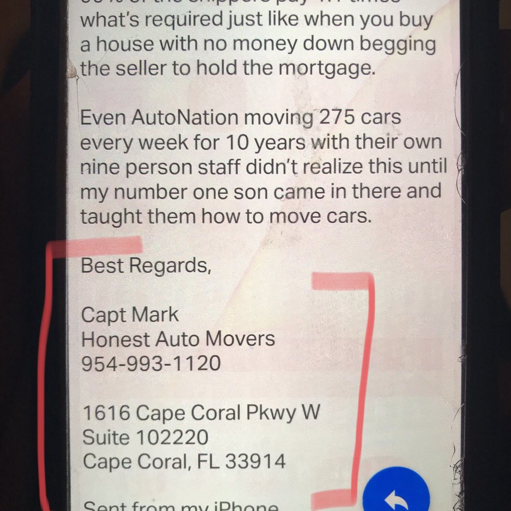Honest Auto Movers - His email signature proving the texts came directly from him (same phone number) - Vehicle Shipping Near Me - Fort Lauderdale, Florida
