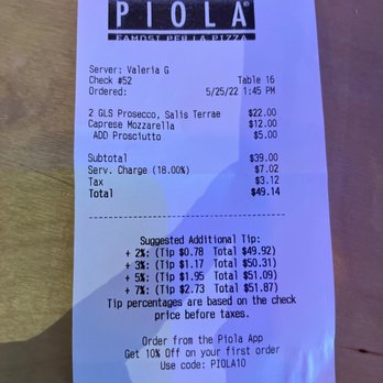 Piola - Brickell - Receipt - Pizza Near Me - Miami, Florida Piola - Brickell - Receipt - Pizza Near Me - Miami, Florida
